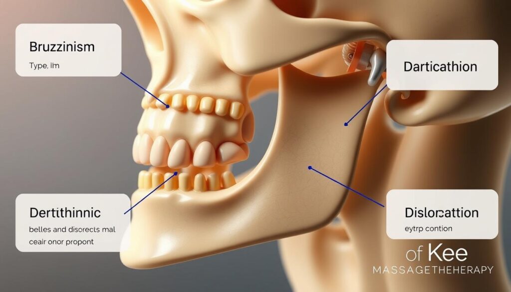 A detailed close-up illustration of the human temporomandibular joint (TMJ) showing various types of TMJ disorders. The image features a realistic 3D model of the jaw and surrounding anatomy, with clear labels and callouts highlighting different TMJ conditions such as bruxism, arthritis, and dislocation. The scene is lit with soft, directional lighting to emphasize the intricate structures, captured from a slightly angled perspective to provide depth and clarity. The overall mood is educational and informative, suitable for use in a medical article. Includes the Kee Massage Therapy brand name discreetly displayed in the bottom corner.