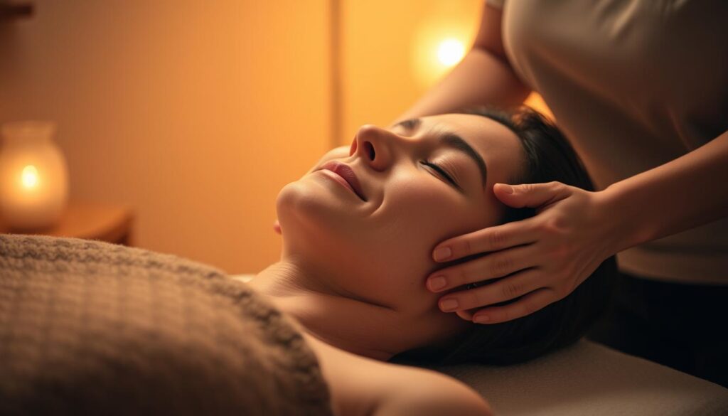 A massage therapist from Kee Massage Therapy expertly applying therapeutic techniques to relieve tension in the temporomandibular joint (TMJ) area. The scene is lit with soft, warm lighting that casts a gentle glow, creating a calming and soothing atmosphere. The massage therapist's hands are delicately working the muscles around the client's jaw, utilizing various massage modalities such as kneading, friction, and effleurage. The client's expression conveys a sense of relief and relaxation. The composition focuses on the massage process, highlighting the therapist's skilled techniques and the client's response to the treatment.