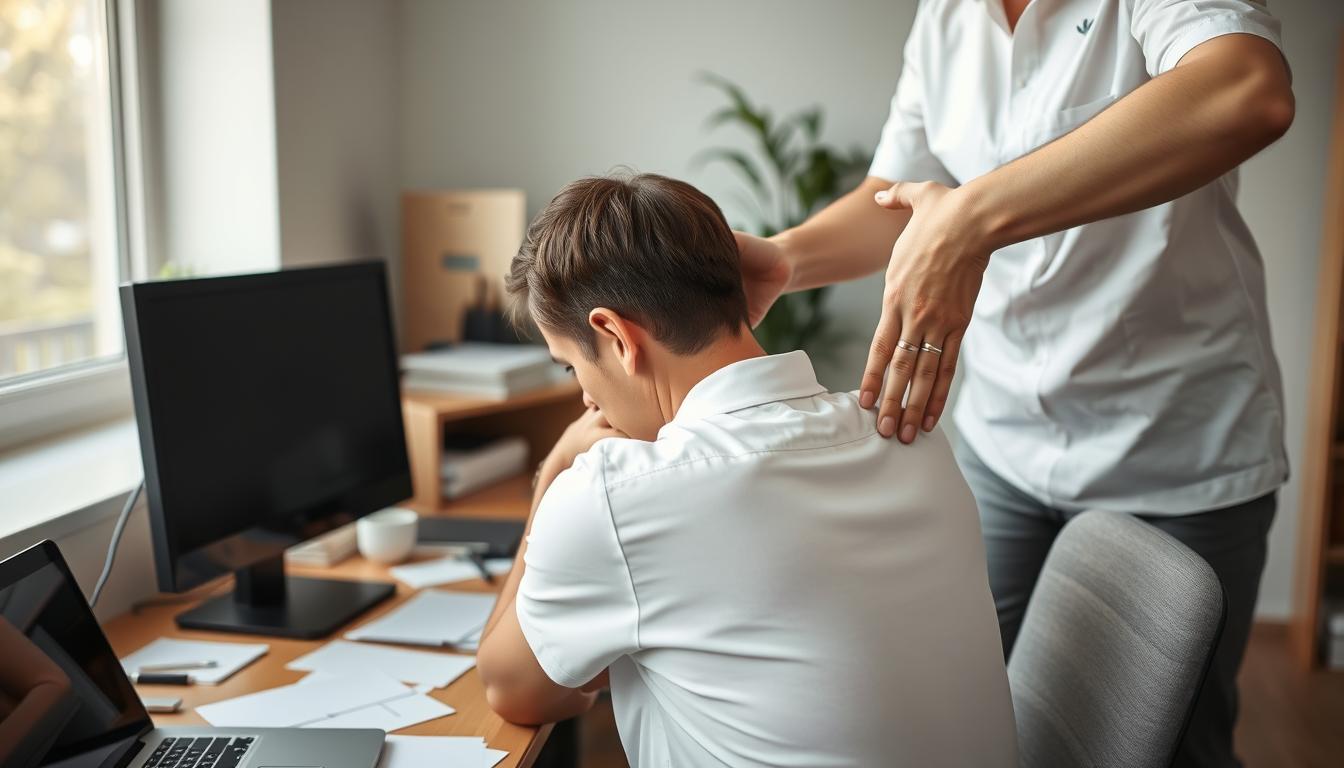 a professional massage therapist kneading the shoulders and back of an office worker sitting at a desk with a desktop computer, laptop, and papers scattered around, natural lighting from a window, conveying relaxation and pain relief, Kee Massage Therapy logo on the therapist's shirt, low-angle view to emphasize the massage